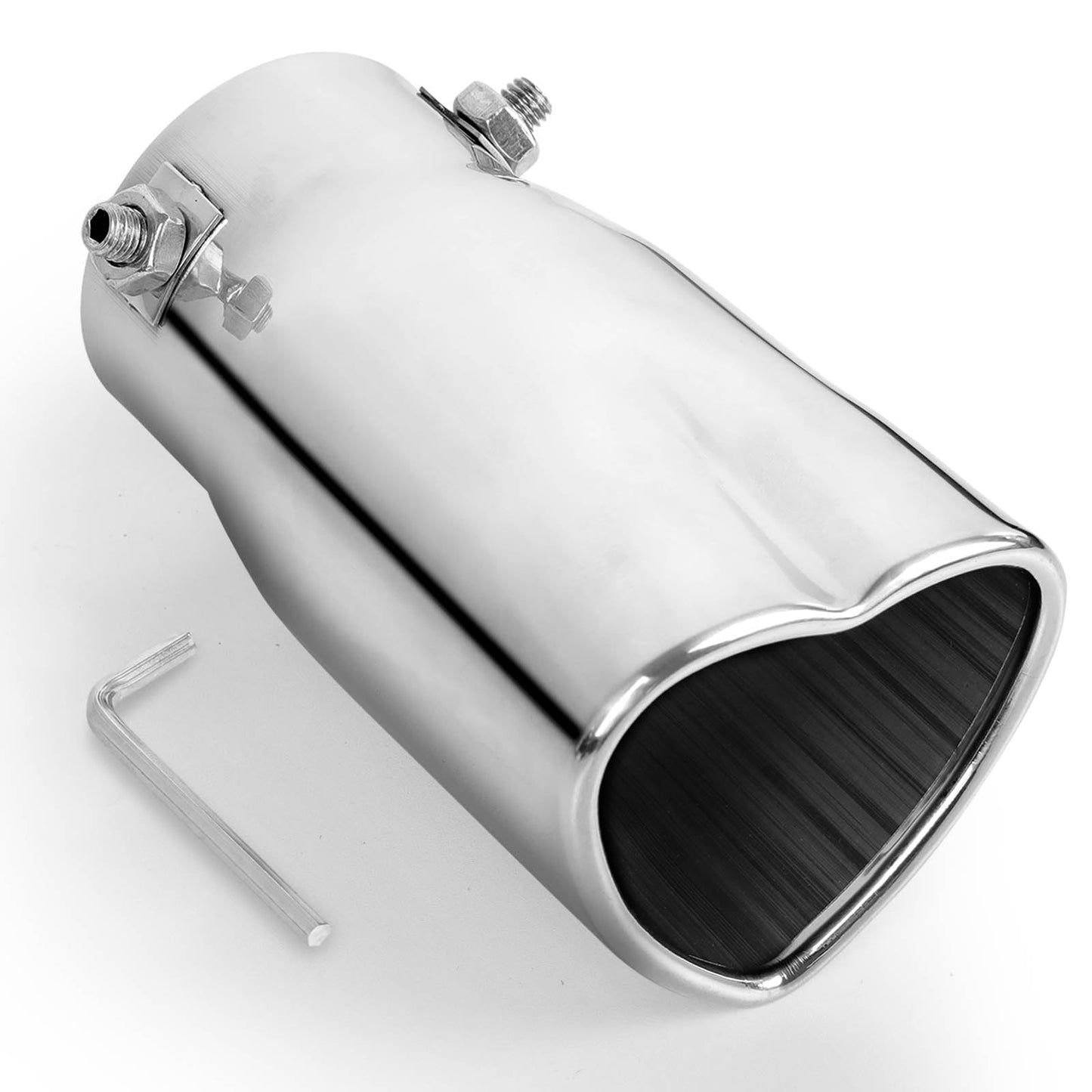 Chrome Silver Universal Heart-Shaped Single Outlet Exhaust Tip, 2.25-Inch Clamp-On Stainless Steel Tailpipe Tip