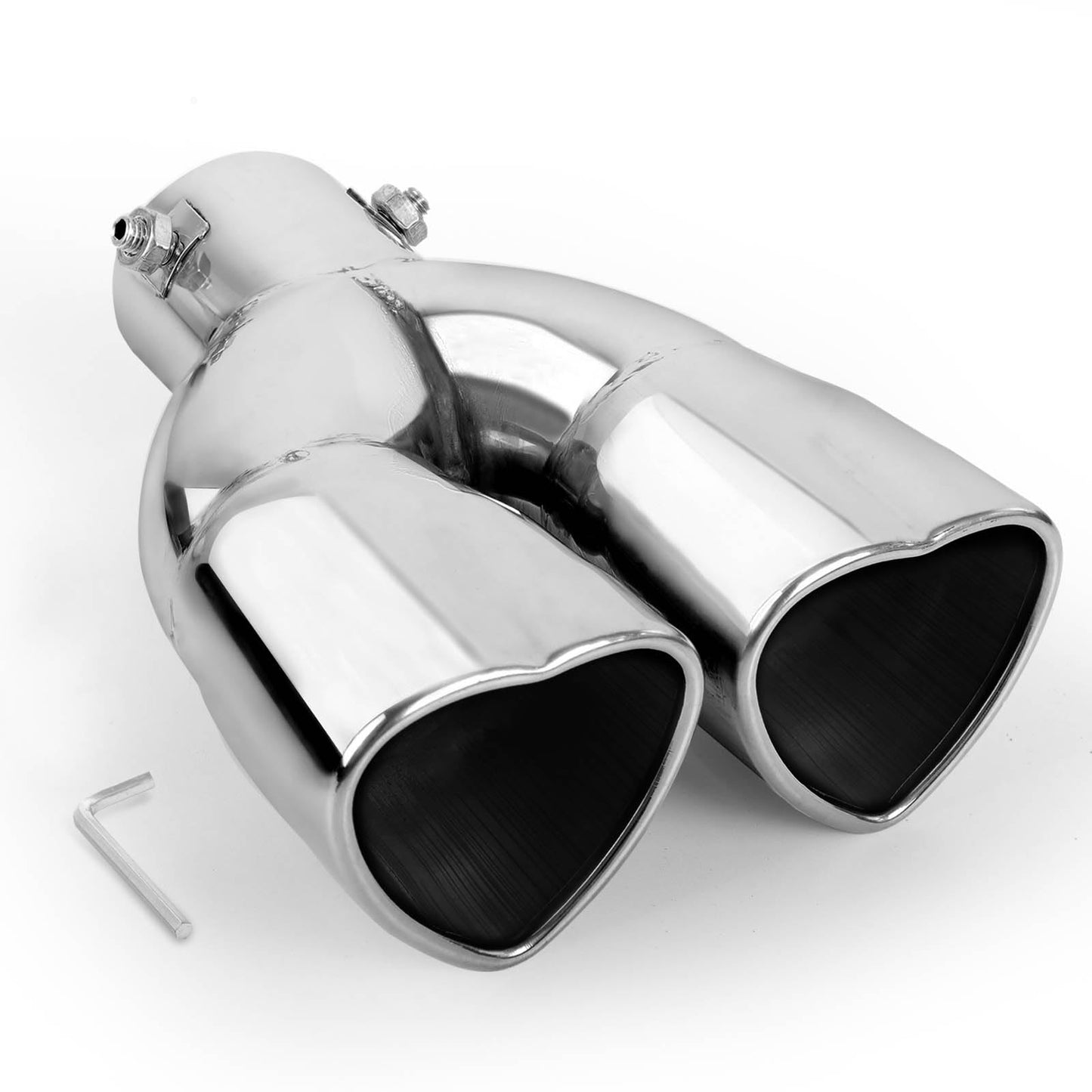 Chrome Silver Universal Heart-Shaped Dual Outlet Exhaust Tip, 2.5-Inch Clamp-On Stainless Steel Tailpipe Tip