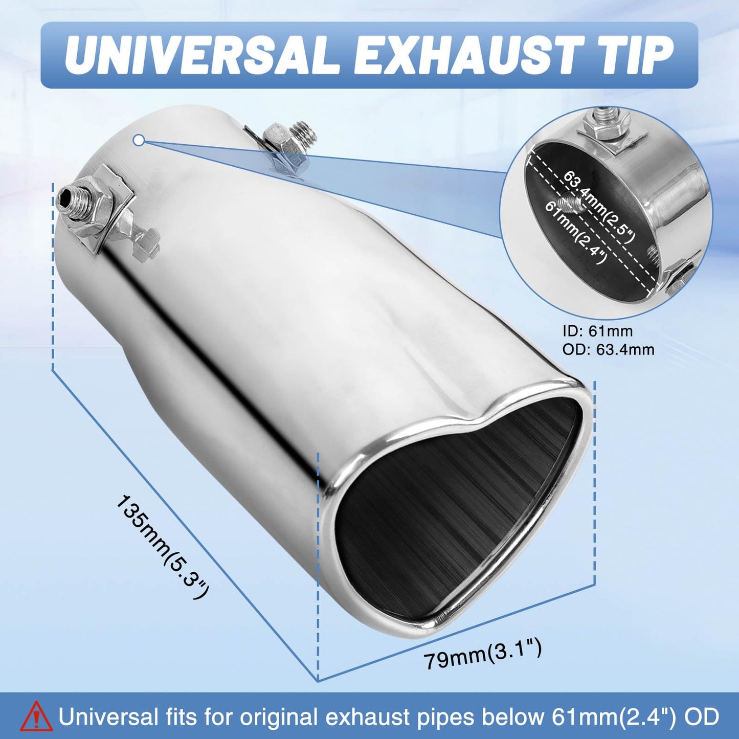 Chrome Silver Universal Heart-Shaped Single Outlet Exhaust Tip, 2.25-Inch Clamp-On Stainless Steel Tailpipe Tip