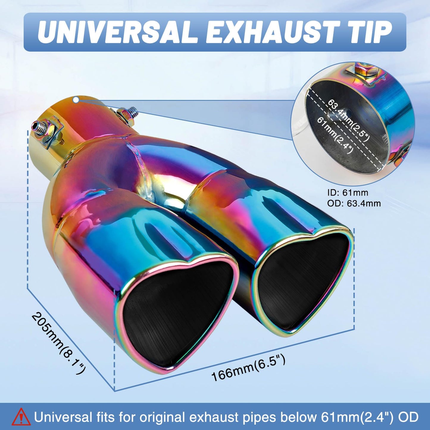 Rainbow Universal Heart-Shaped Dual Outlet Exhaust Tip, 2.5-Inch Clamp-On Stainless Steel Tailpipe Tip
