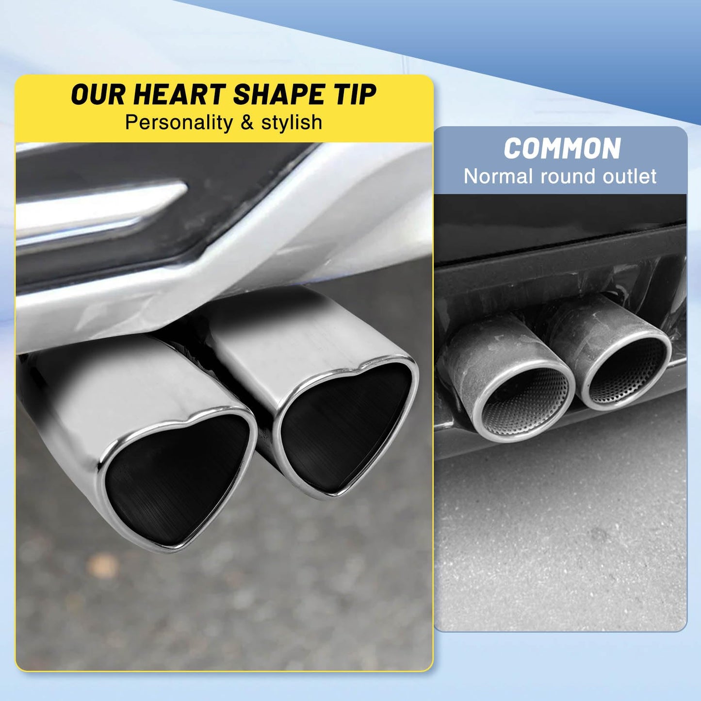 Chrome Silver Universal Heart-Shaped Dual Outlet Exhaust Tip, 2.5-Inch Clamp-On Stainless Steel Tailpipe Tip