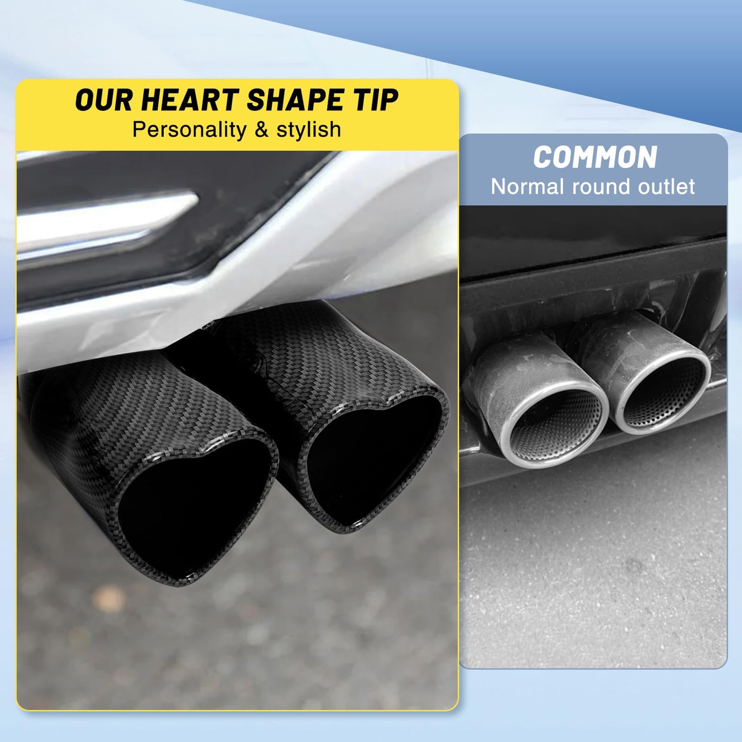 Carbon Fiber Style Universal Heart-Shaped Dual Outlet Exhaust Tip, 2.5-Inch Clamp-On Stainless Steel Tailpipe Tip
