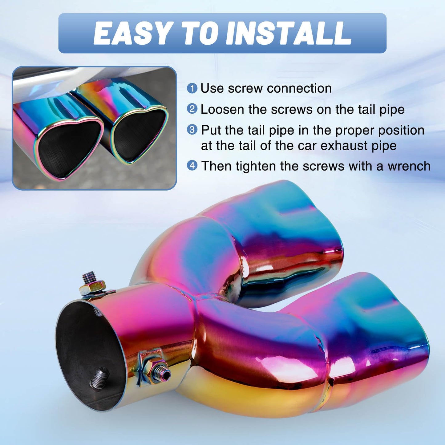 Rainbow Universal Heart-Shaped Dual Outlet Exhaust Tip, 2.5-Inch Clamp-On Stainless Steel Tailpipe Tip