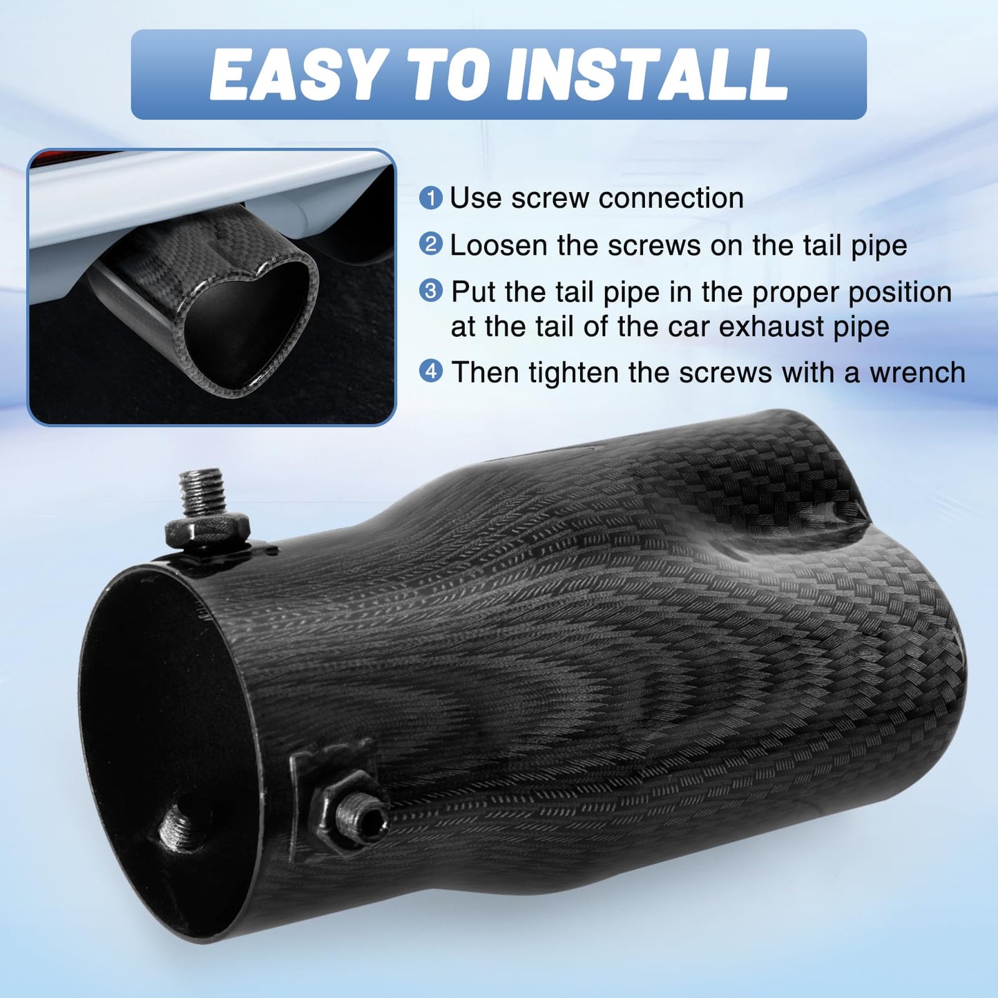 Carbon Fiber Style Universal Heart-Shaped Single Outlet Exhaust Tip, 2.25-Inch Clamp-On Stainless Steel Tailpipe Tip