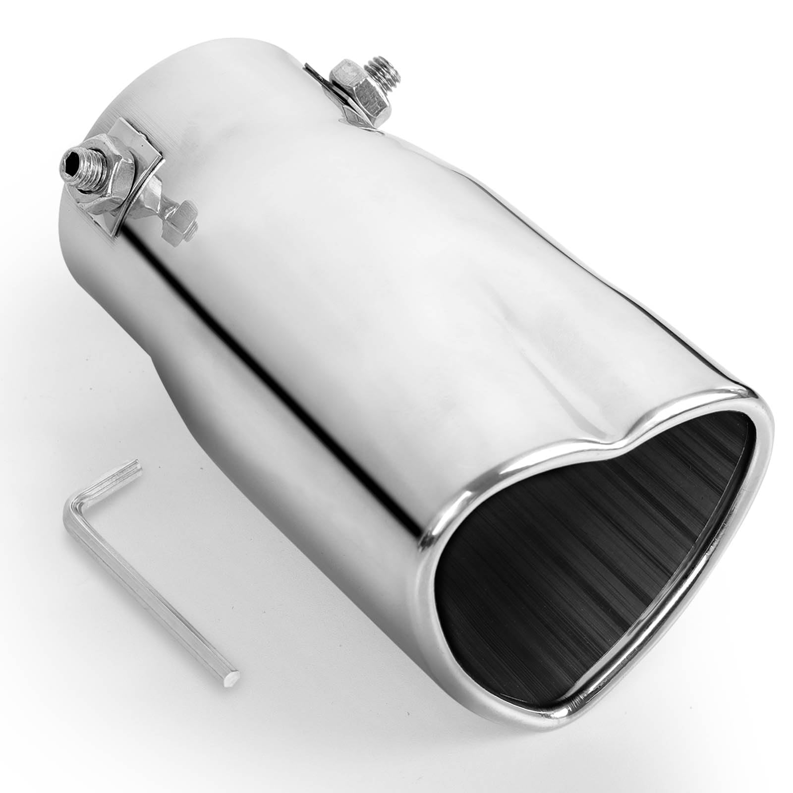 Chrome Silver Universal Heart-Shaped Single Outlet Exhaust Tip, 2.25-Inch Clamp-On Stainless Steel Tailpipe Tip