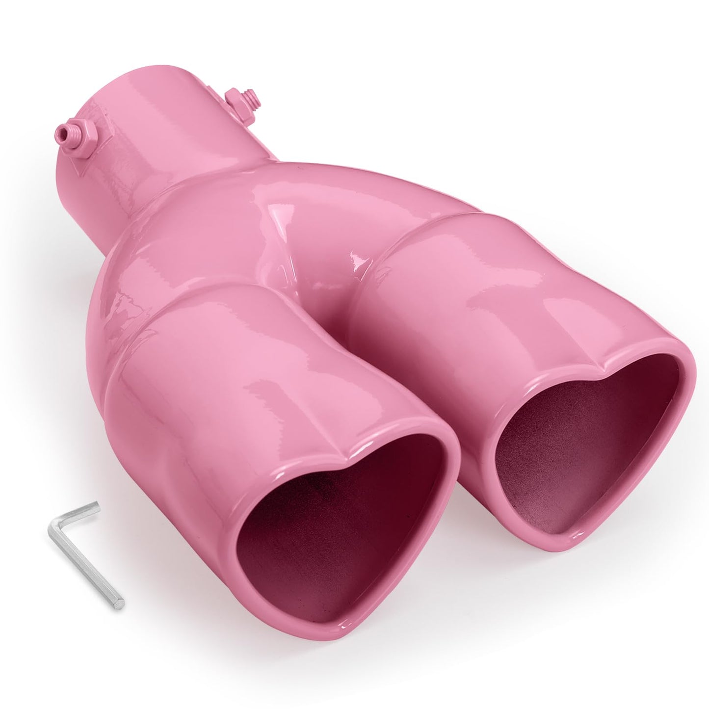 Pink Universal Heart-Shaped Dual Outlet Exhaust Tip, 2.5-Inch Clamp-On Stainless Steel Tailpipe Tip
