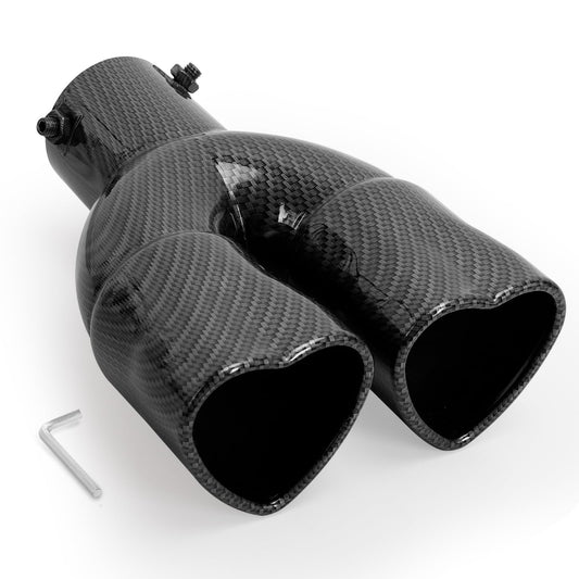 Carbon Fiber Style Universal Heart-Shaped Dual Outlet Exhaust Tip, 2.5-Inch Clamp-On Stainless Steel Tailpipe Tip