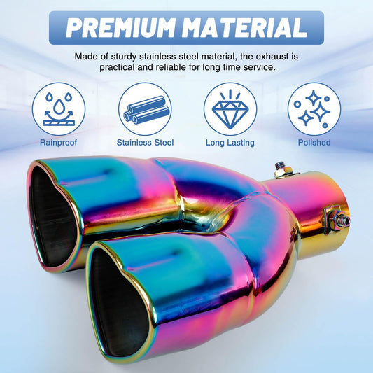 Rainbow Universal Heart-Shaped Dual Outlet Exhaust Tip, 2.5-Inch Clamp-On Stainless Steel Tailpipe Tip