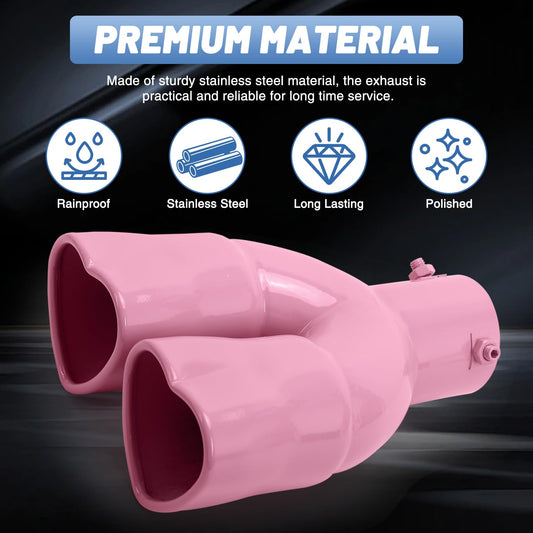 Pink Universal Heart-Shaped Dual Outlet Exhaust Tip, 2.5-Inch Clamp-On Stainless Steel Tailpipe Tip