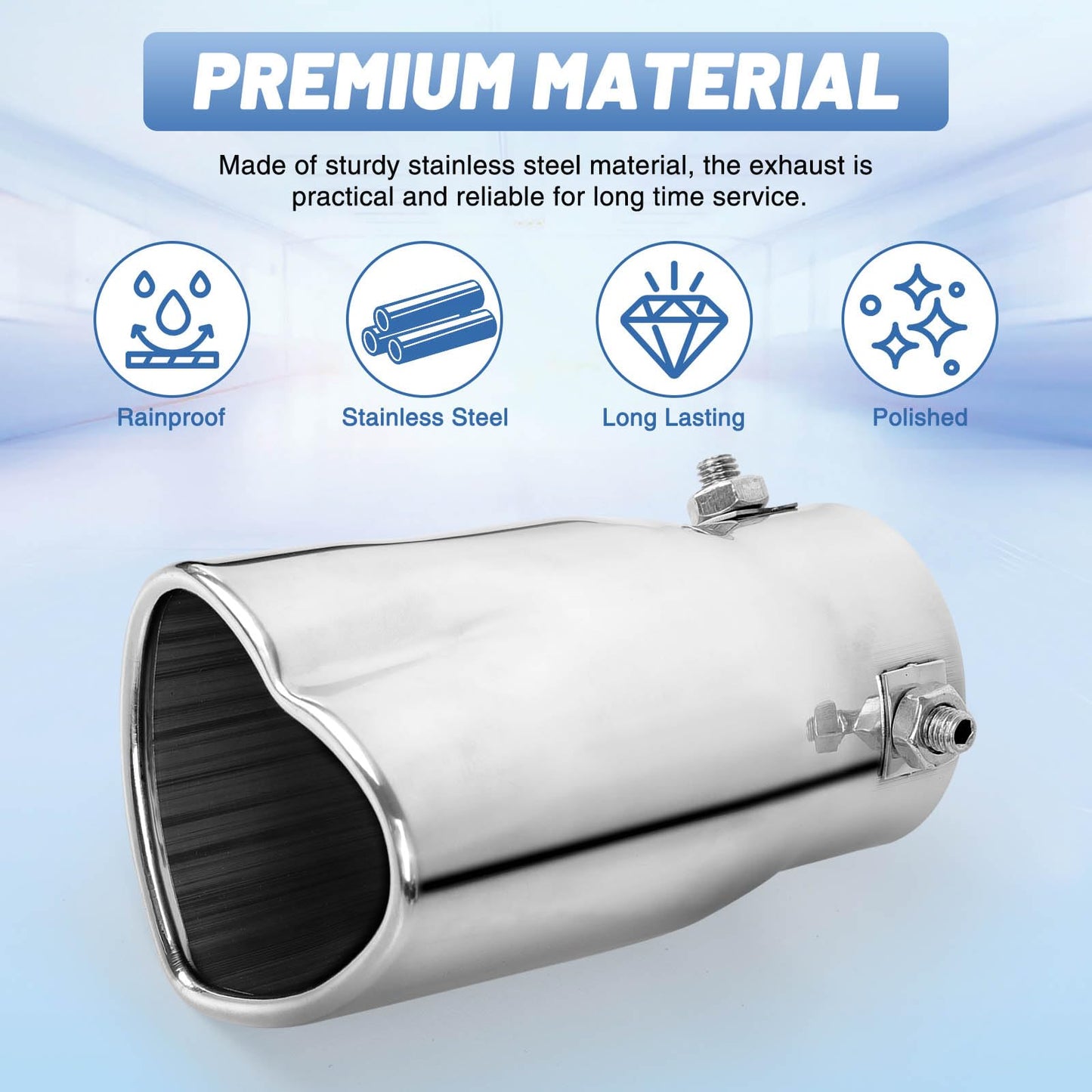 Chrome Silver Universal Heart-Shaped Single Outlet Exhaust Tip, 2.25-Inch Clamp-On Stainless Steel Tailpipe Tip