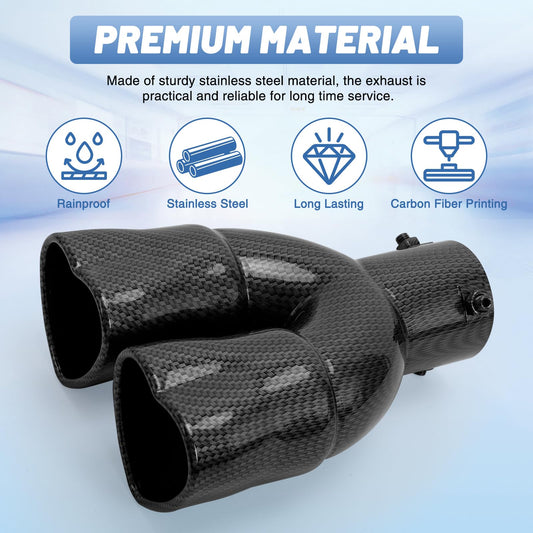 Carbon Fiber Style Universal Heart-Shaped Dual Outlet Exhaust Tip, 2.5-Inch Clamp-On Stainless Steel Tailpipe Tip