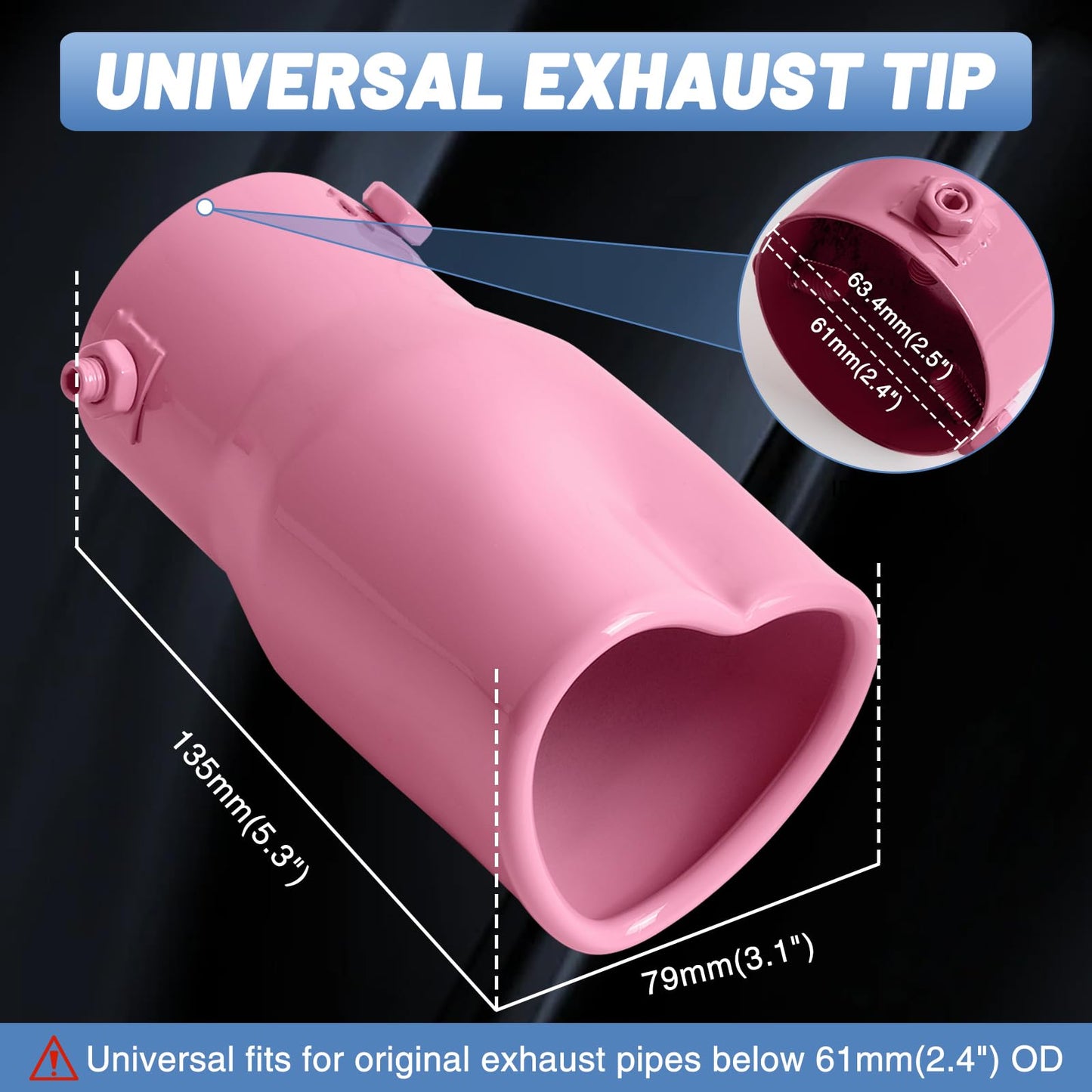 Pink Universal Heart-Shaped Single Outlet Exhaust Tip, 2.25-Inch Clamp-On Stainless Steel Tailpipe Tip