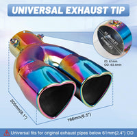 Rainbow Universal Heart-Shaped Dual Outlet Exhaust Tip, 2.5-Inch Clamp-On Stainless Steel Tailpipe Tip