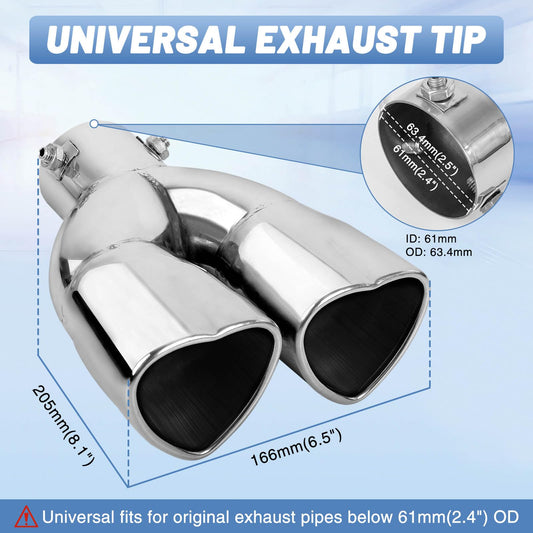Chrome Silver Universal Heart-Shaped Dual Outlet Exhaust Tip, 2.5-Inch Clamp-On Stainless Steel Tailpipe Tip