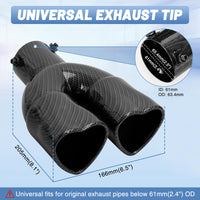 Carbon Fiber Style Universal Heart-Shaped Dual Outlet Exhaust Tip, 2.5-Inch Clamp-On Stainless Steel Tailpipe Tip