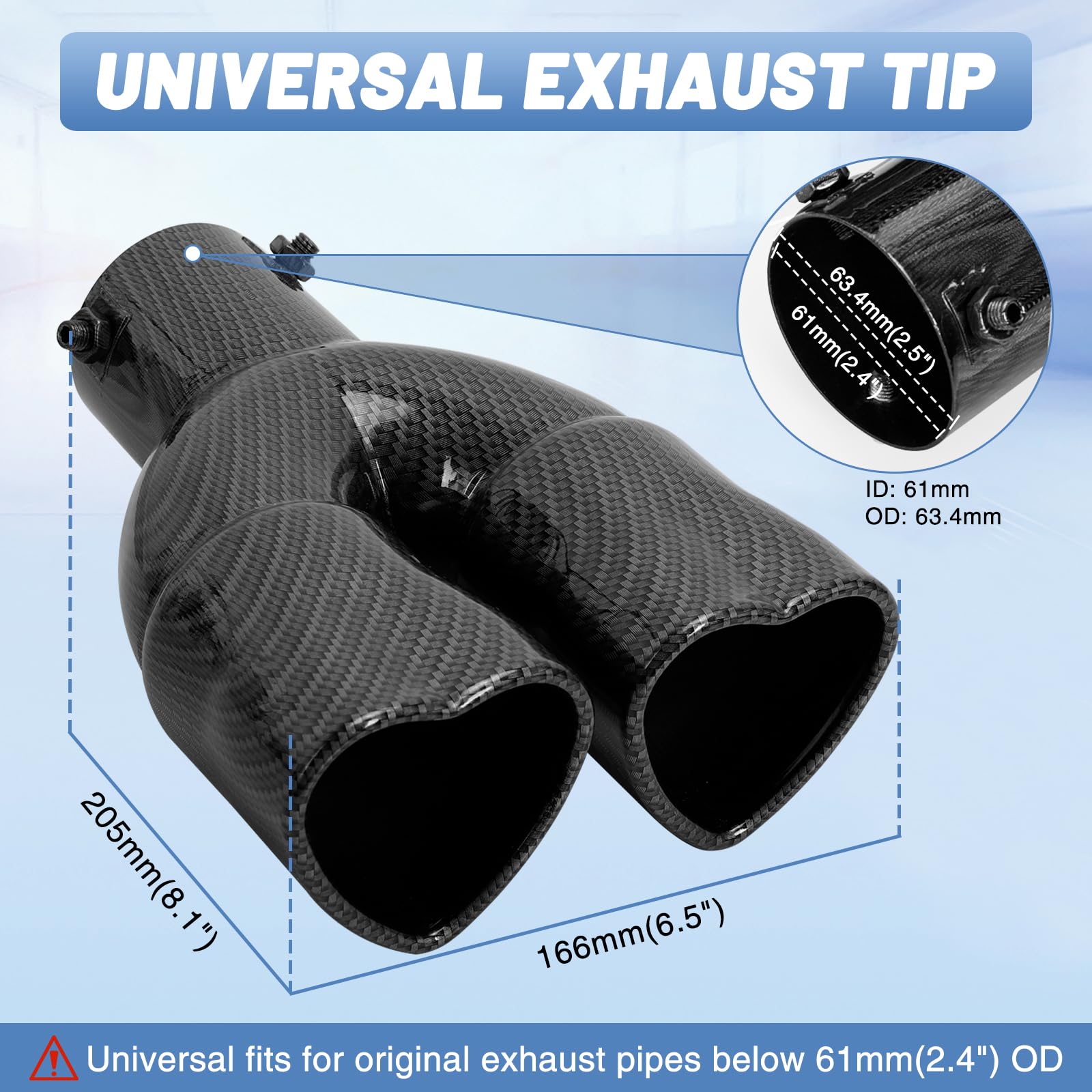 Carbon Fiber Style Universal Heart-Shaped Dual Outlet Exhaust Tip, 2.5-Inch Clamp-On Stainless Steel Tailpipe Tip