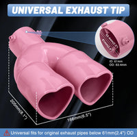 Pink Universal Heart-Shaped Dual Outlet Exhaust Tip, 2.5-Inch Clamp-On Stainless Steel Tailpipe Tip