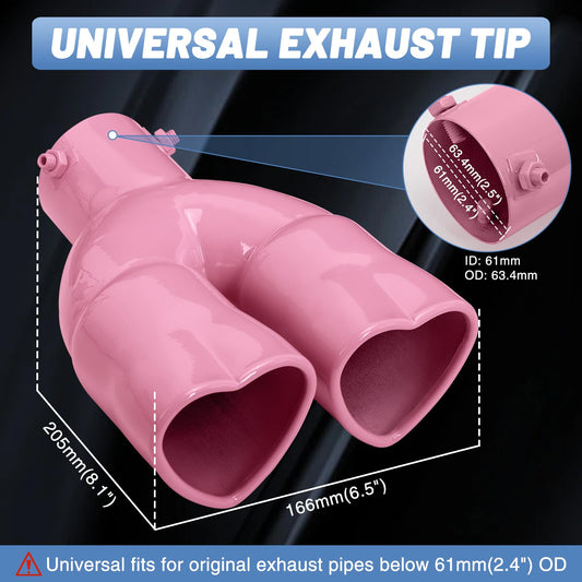 Pink Universal Heart-Shaped Dual Outlet Exhaust Tip, 2.5-Inch Clamp-On Stainless Steel Tailpipe Tip