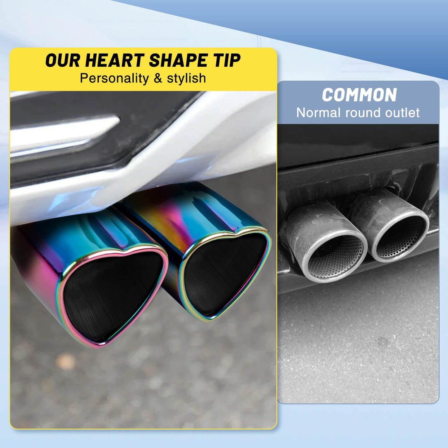 Rainbow Universal Heart-Shaped Dual Outlet Exhaust Tip, 2.5-Inch Clamp-On Stainless Steel Tailpipe Tip