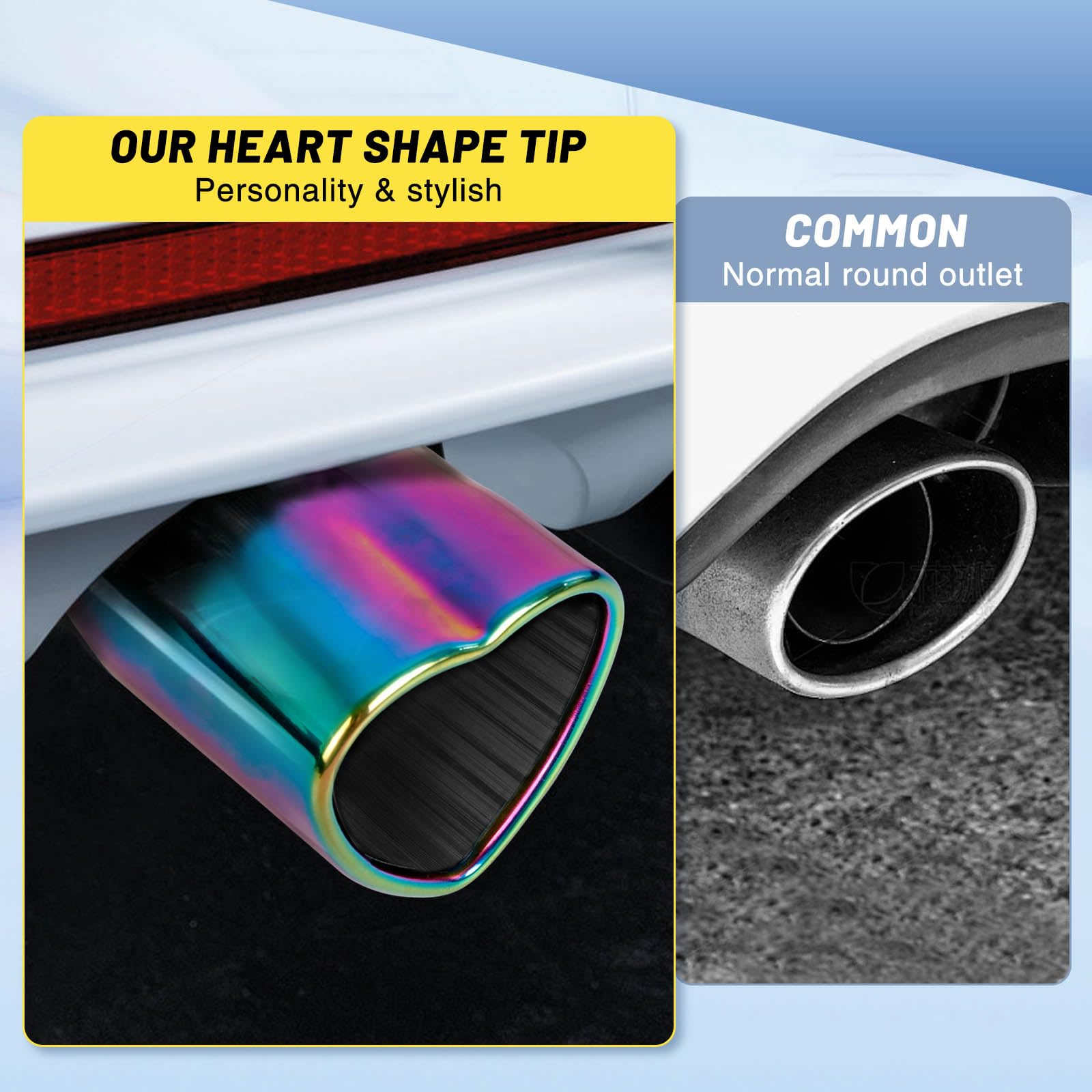 Rainbow Universal Heart-Shaped Single Outlet Exhaust Tip, 2.25-Inch Clamp-On Stainless Steel Tailpipe Tip