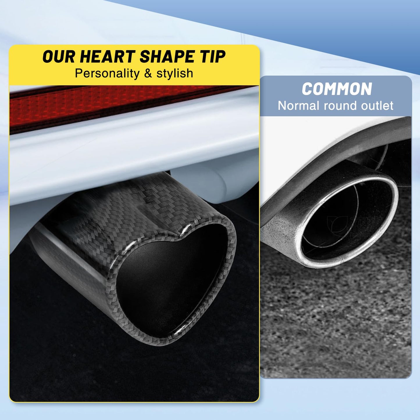 Carbon Fiber Style Universal Heart-Shaped Single Outlet Exhaust Tip, 2.25-Inch Clamp-On Stainless Steel Tailpipe Tip