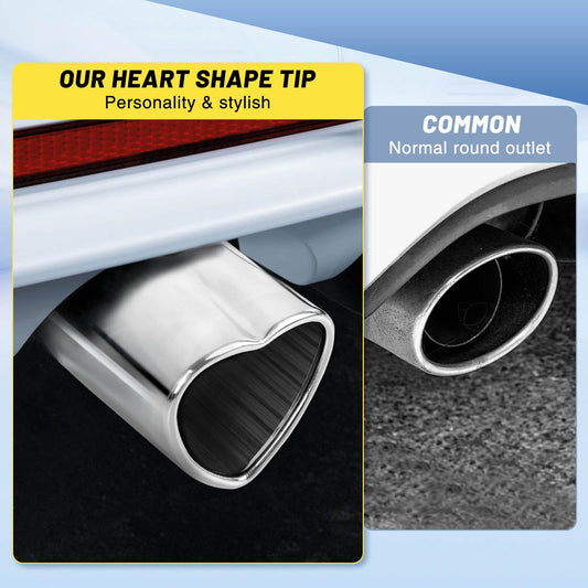 Chrome Silver Universal Heart-Shaped Single Outlet Exhaust Tip, 2.25-Inch Clamp-On Stainless Steel Tailpipe Tip