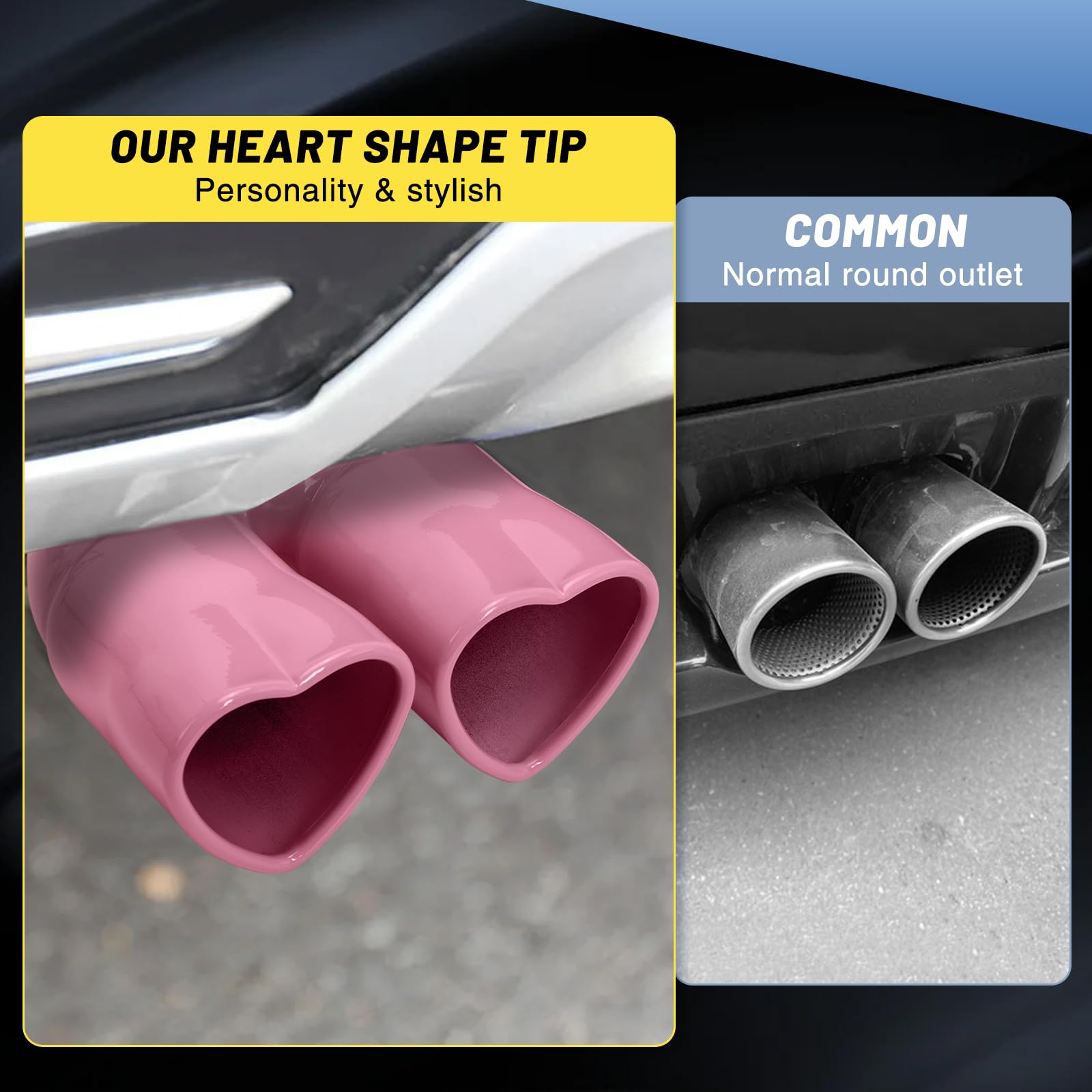 Pink Universal Heart-Shaped Dual Outlet Exhaust Tip, 2.5-Inch Clamp-On Stainless Steel Tailpipe Tip