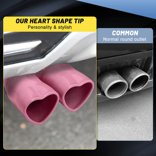 Pink Universal Heart-Shaped Dual Outlet Exhaust Tip, 2.5-Inch Clamp-On Stainless Steel Tailpipe Tip
