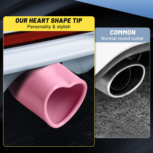 Pink Universal Heart-Shaped Single Outlet Exhaust Tip, 2.25-Inch Clamp-On Stainless Steel Tailpipe Tip