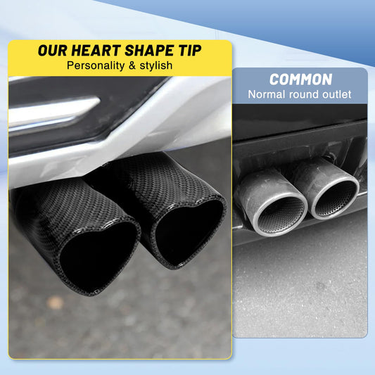 Carbon Fiber Style Universal Heart-Shaped Dual Outlet Exhaust Tip, 2.5-Inch Clamp-On Stainless Steel Tailpipe Tip