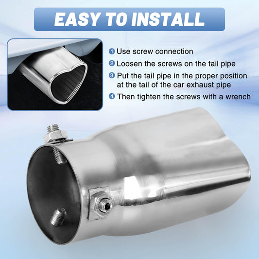 Chrome Silver Universal Heart-Shaped Single Outlet Exhaust Tip, 2.25-Inch Clamp-On Stainless Steel Tailpipe Tip