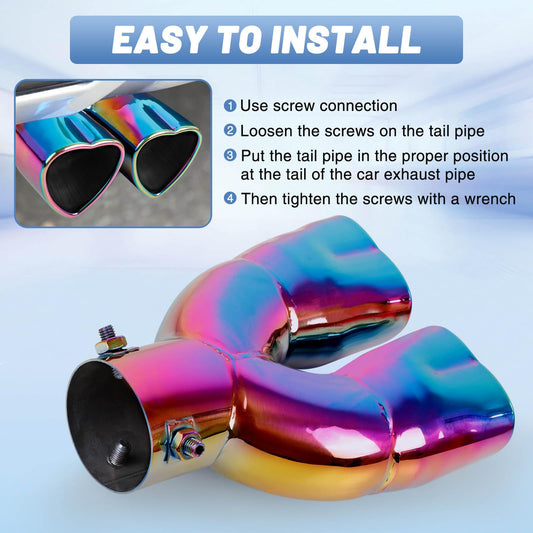 Rainbow Universal Heart-Shaped Dual Outlet Exhaust Tip, 2.5-Inch Clamp-On Stainless Steel Tailpipe Tip