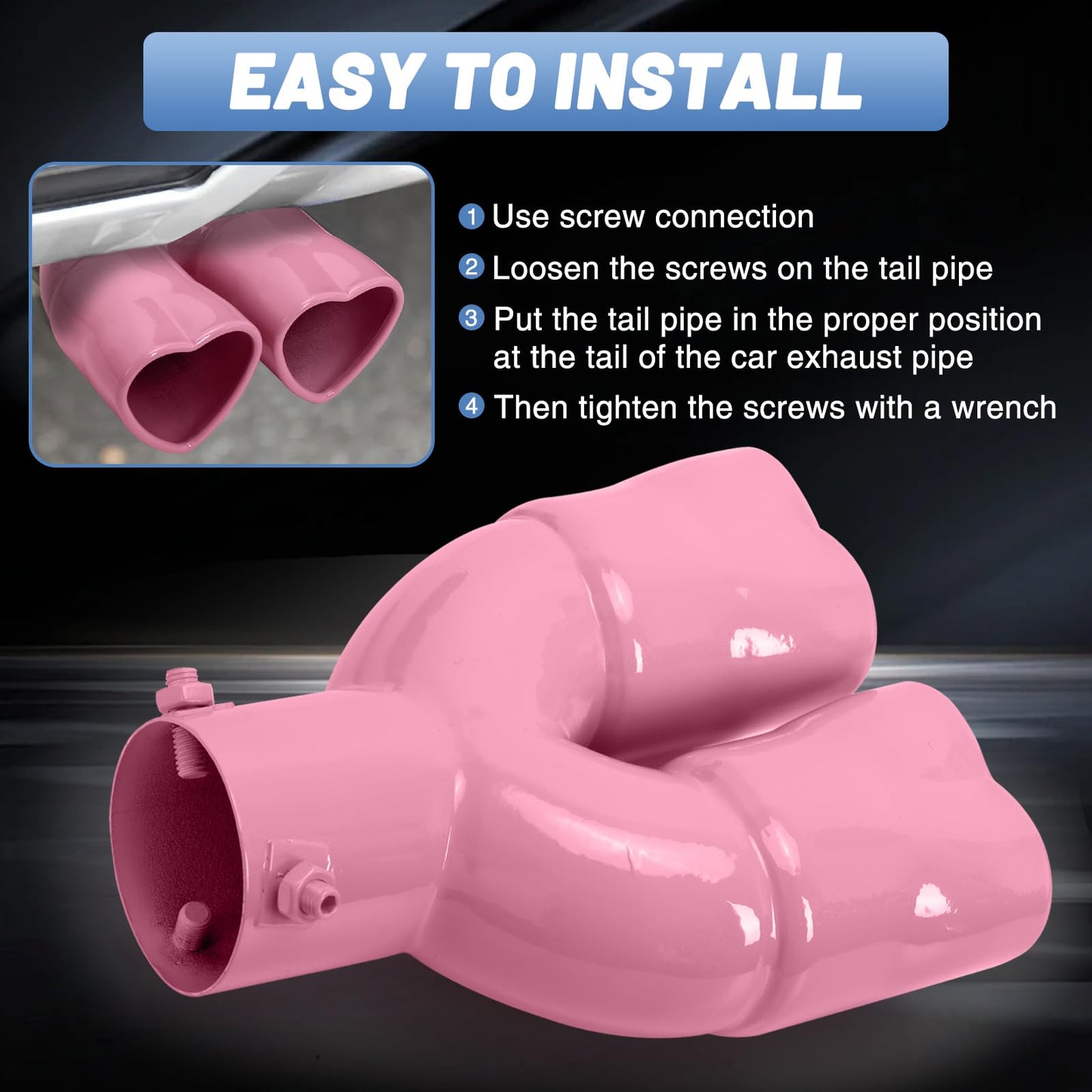 Pink Universal Heart-Shaped Dual Outlet Exhaust Tip, 2.5-Inch Clamp-On Stainless Steel Tailpipe Tip