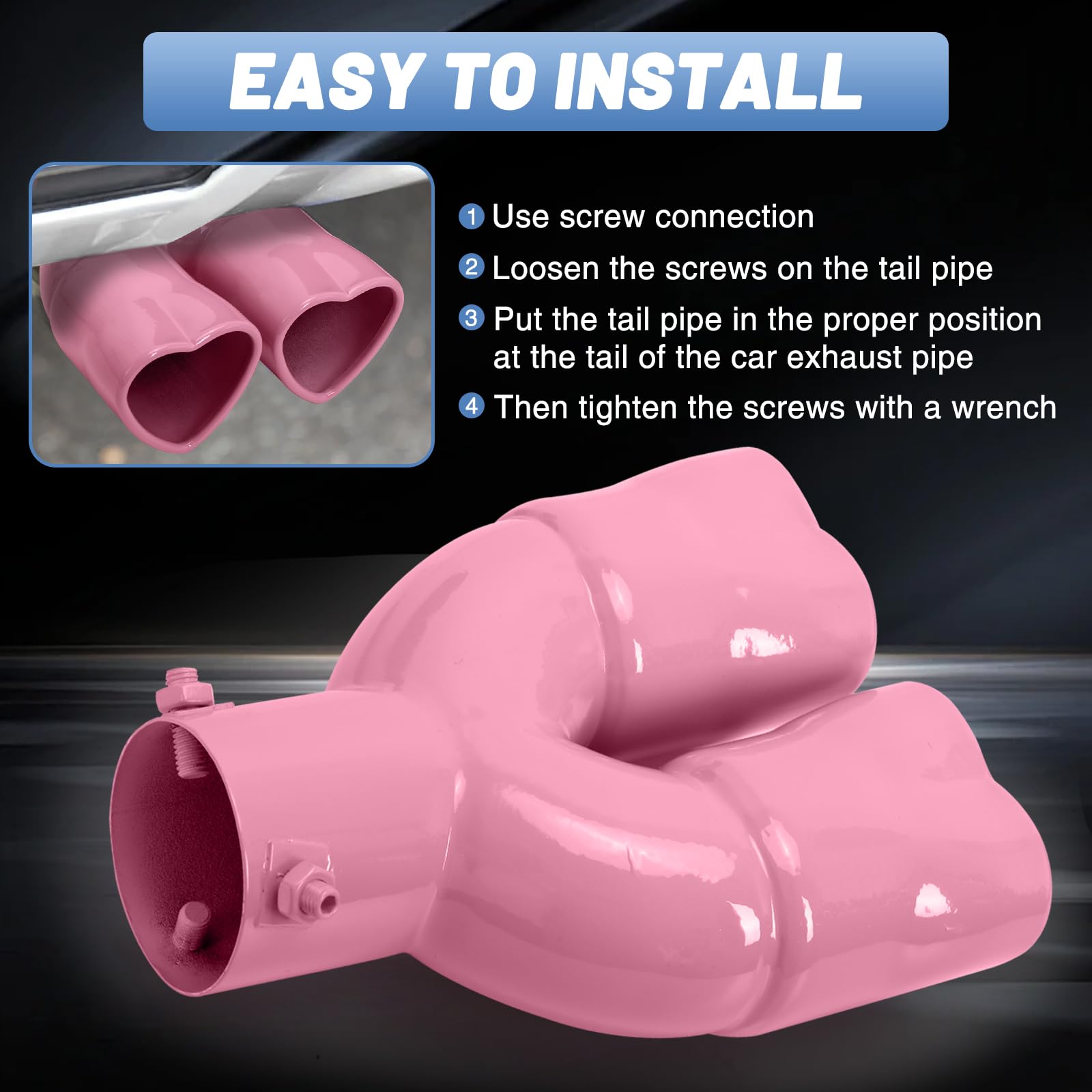 Pink Universal Heart-Shaped Dual Outlet Exhaust Tip, 2.5-Inch Clamp-On Stainless Steel Tailpipe Tip