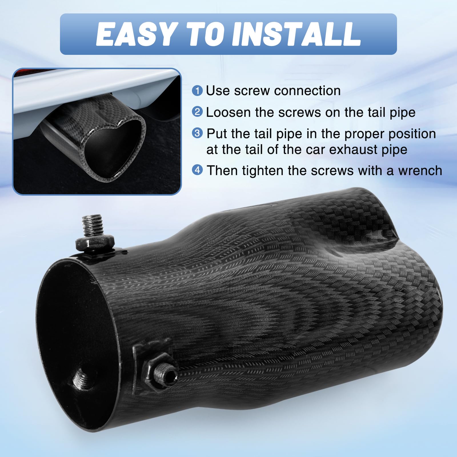 Carbon Fiber Style Universal Heart-Shaped Single Outlet Exhaust Tip, 2.25-Inch Clamp-On Stainless Steel Tailpipe Tip