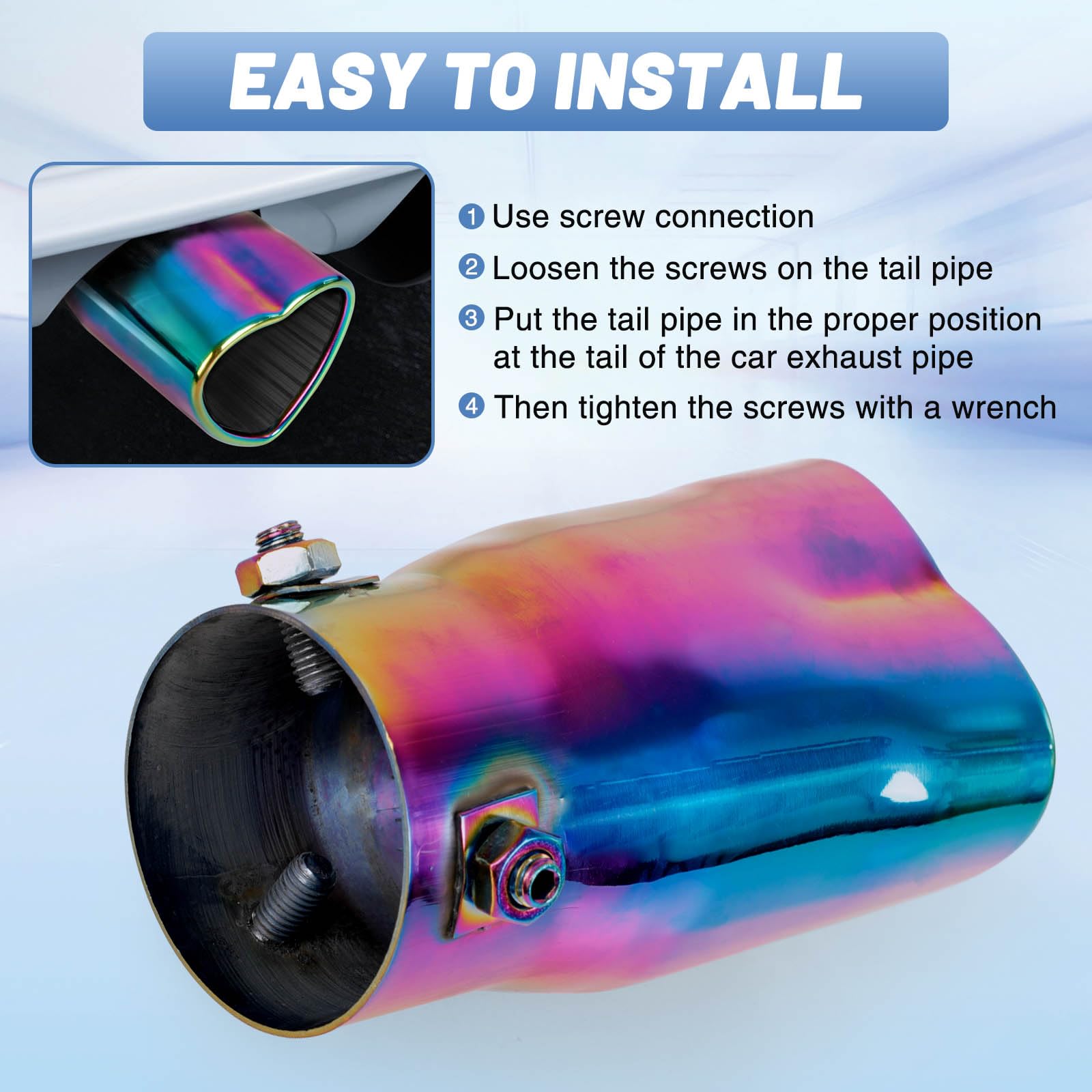 Rainbow Universal Heart-Shaped Single Outlet Exhaust Tip, 2.25-Inch Clamp-On Stainless Steel Tailpipe Tip