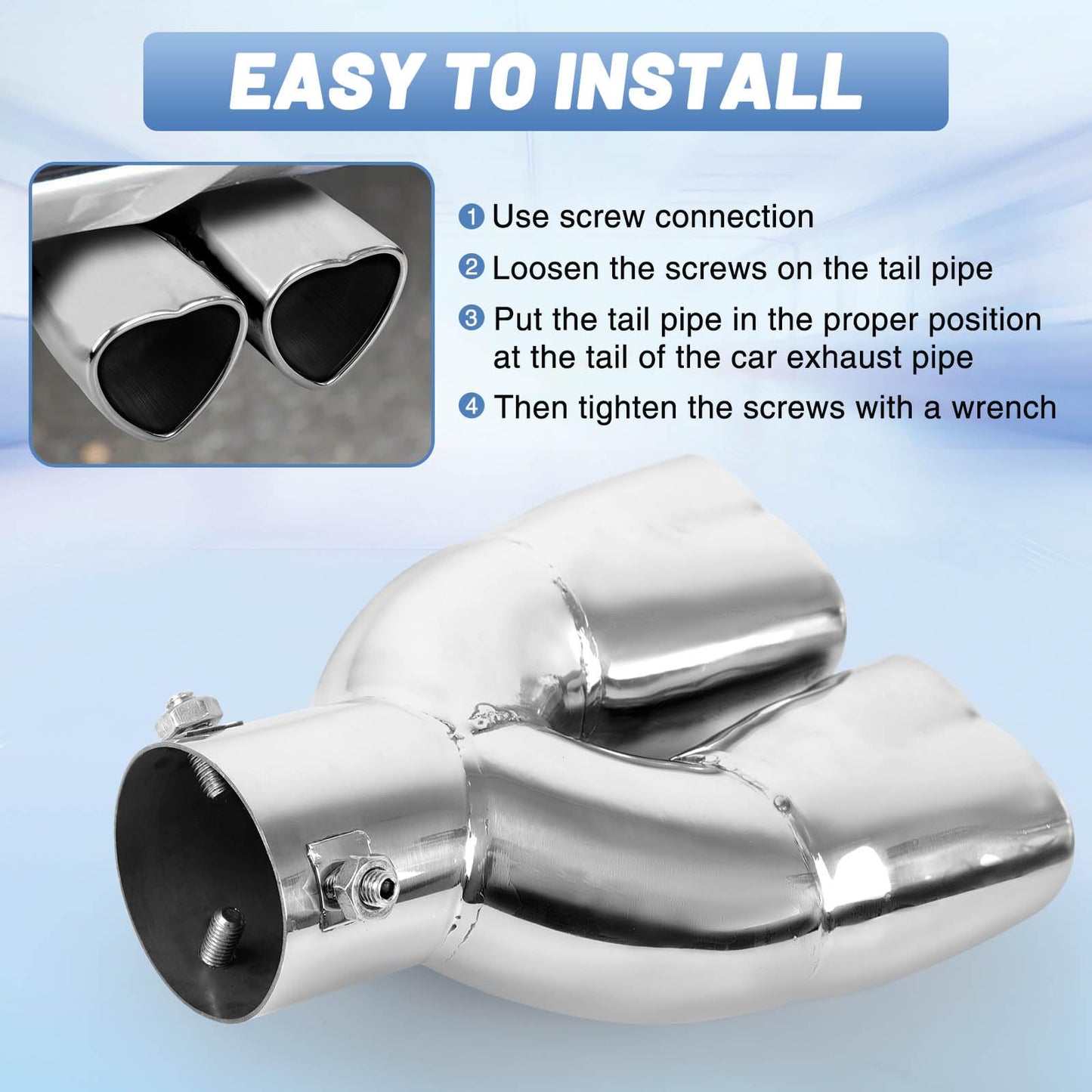 Chrome Silver Universal Heart-Shaped Dual Outlet Exhaust Tip, 2.5-Inch Clamp-On Stainless Steel Tailpipe Tip