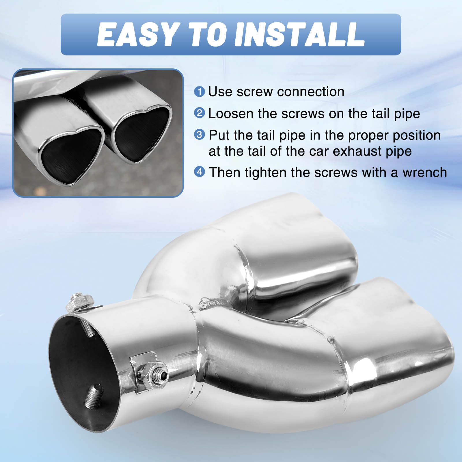 Chrome Silver Universal Heart-Shaped Dual Outlet Exhaust Tip, 2.5-Inch Clamp-On Stainless Steel Tailpipe Tip
