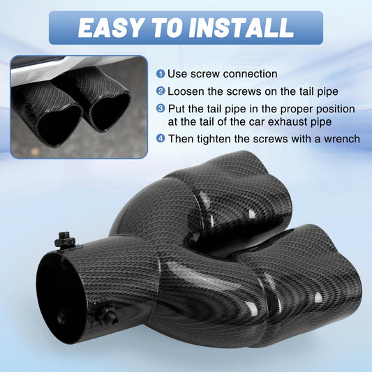 Carbon Fiber Style Universal Heart-Shaped Dual Outlet Exhaust Tip, 2.5-Inch Clamp-On Stainless Steel Tailpipe Tip